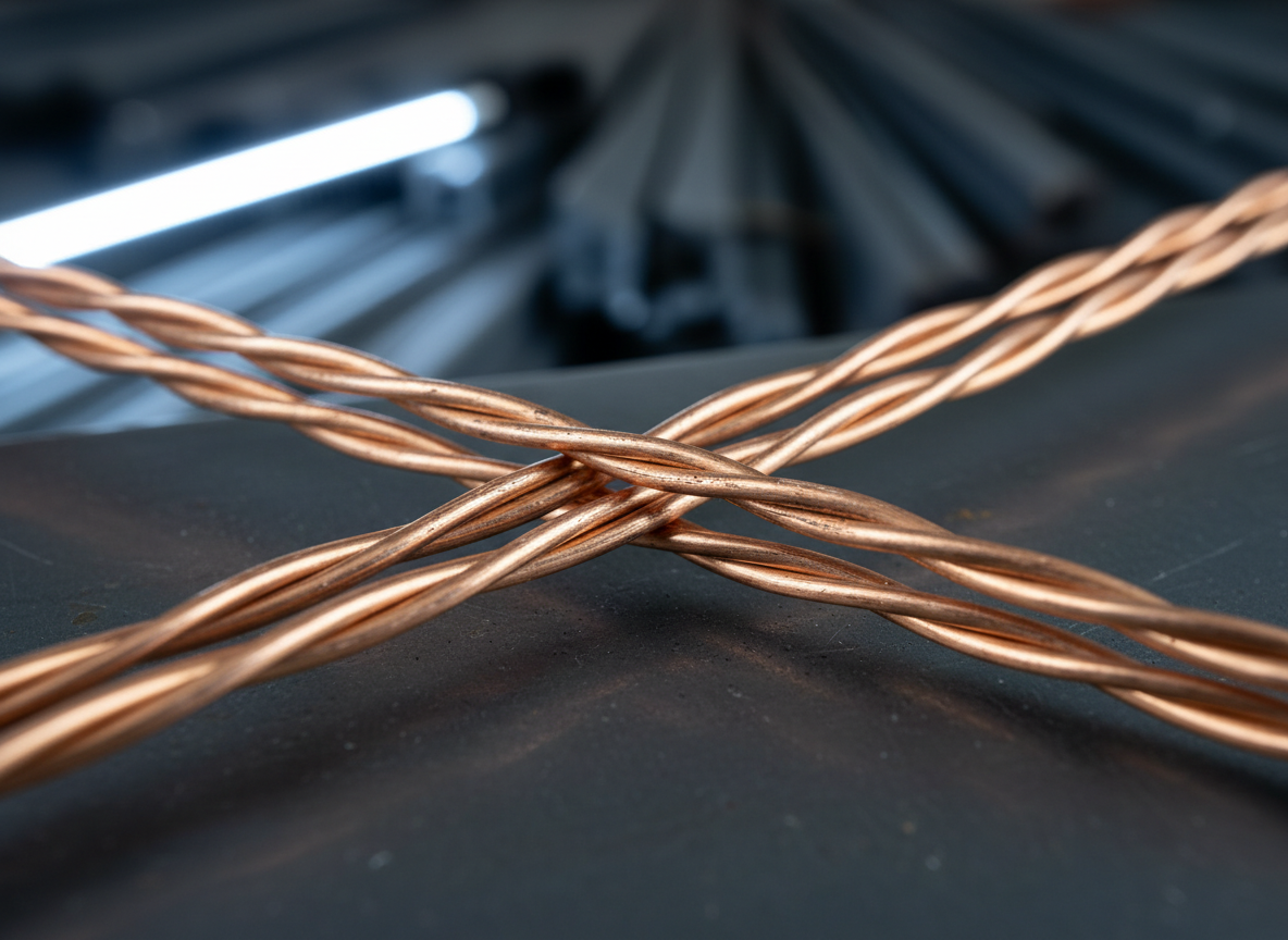 A close-up, highly detailed shot of intertwined Kamdhenu wire bonds laid across a dark, matte steel plate, showcasing the twisted wire texture, precise gauge, and metallic sheen. Tiny surface imperfections and manufacturing details are visible, highlighting quality and durability. The background shows out-of-focus stacks of other steel products in soft gray and blue tones. Side lighting from a single long industrial LED strip creates crisp, directional highlights on the wires and subtle shadows in the grooves. Photographic realism with a shallow depth of field, macro-style composition centered on the main crossing wires, creating a technical yet aesthetically refined mood suitable for a product-focused section.