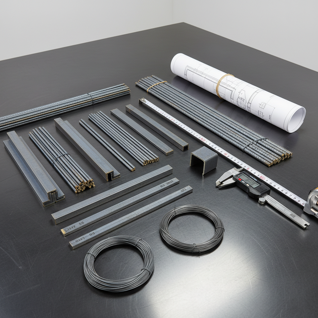 A meticulous arrangement of different steel profiles—rebars, flats, angles, channels, and wire coils—laid out on a large, dark, slightly reflective steel table as if for a technical presentation. Each item is aligned with engineering precision, with a measuring tape, digital caliper, and a neatly rolled technical drawing positioned nearby. Overhead neutral white studio lighting ensures evenly lit surfaces, revealing fine textures and edges without harsh contrast. Photographic realism, shot from a slightly elevated perspective, with everything in crisp focus. The mood is technical, precise, and reliability-focused, ideal for explaining product range and specifications on a professional steel trader’s website.
