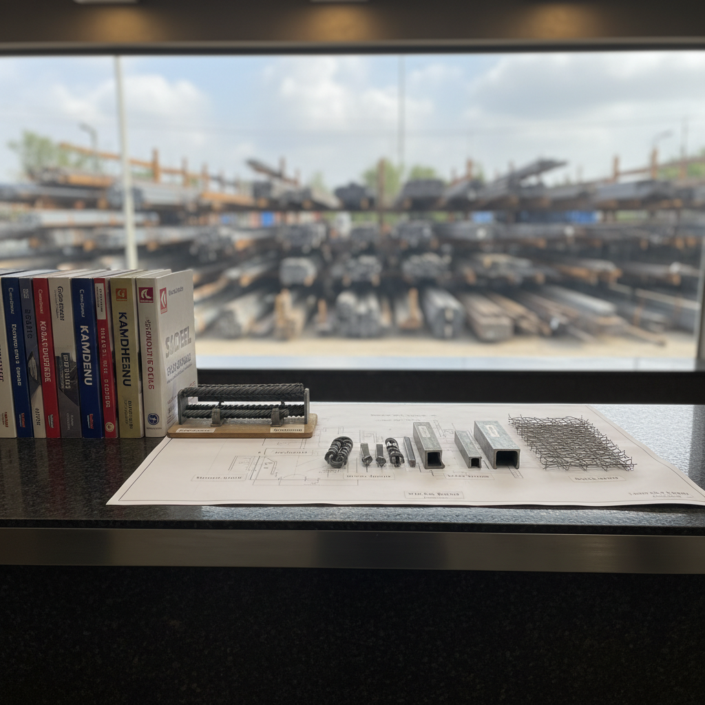 An organized steel trader’s office counter made of dark laminate with a brushed metal trim, featuring neatly arranged steel product catalogs, a small scale model of steel rebars and wire mesh, and labeled sample pieces of Kamdhenu wire bond and structural sections laid on a clean white blueprint sheet. Behind, large windows reveal a softly blurred view of a stocked steel yard. Natural daylight mixes with warm recessed ceiling lights, creating a balanced, welcoming but strictly professional atmosphere. Photographic realism, shot at a slightly elevated angle using the rule of thirds, with sharp focus on the samples and documents, embodying precision, trust, and inquiry-focused business communication.