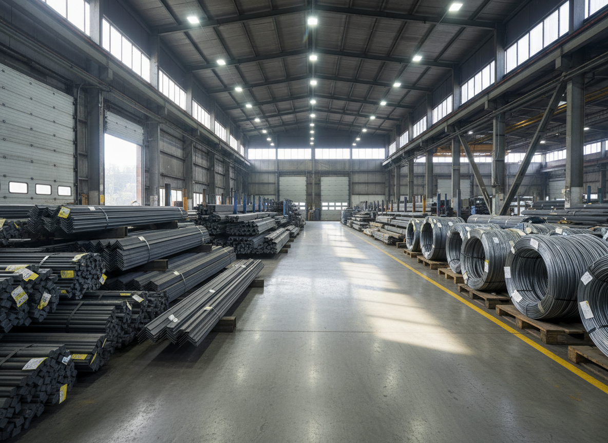 An expansive interior of a steel stockyard featuring orderly rows of bundled steel rods, angles, channels, and wire coils, each tagged and aligned with precision. The floor is smooth poured concrete with subtle reflections of the metallic surfaces. Sunlight filters through high industrial windows and partially open loading bay doors, mixing with cool white overhead fixtures to create balanced, even lighting with gentle shadows between stacks. Photographic realism from a slightly elevated wide-angle view, capturing depth and scale while keeping the central aisle in sharp focus. The mood is efficient, organized, and professional, emphasizing capacity and reliability for a serious steel trading business.
