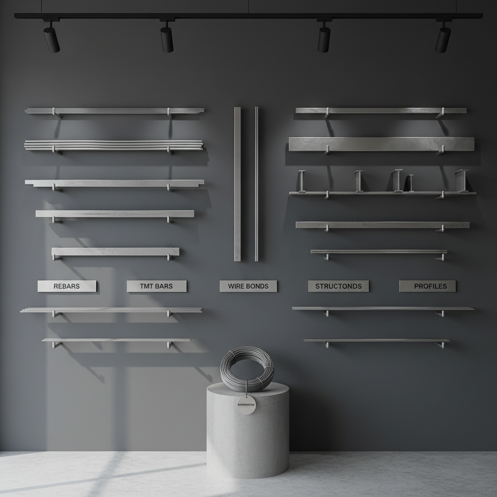 A polished, minimalist steel product display wall inside a modern industrial-style showroom, featuring mounted sections of rebars, TMT bars, wire bonds, and structural profiles, each labeled with clean metallic nameplates. The wall is matte charcoal gray, contrasting with the cool silver and slightly darker steel tones. A simple pedestal below holds neatly coiled Kamdhenu wire bond as the focal point. Track lighting from above casts precise, focused beams that highlight textures and create soft geometric shadows. Photographic realism with a straight-on eye-level composition and sharp focus throughout, evoking a clean, modern, highly professional mood for a premium steel trading brand.